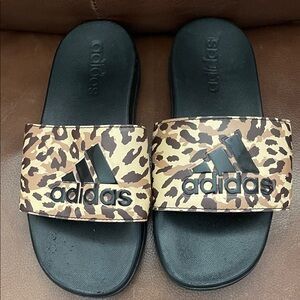 Adidas Black and Tan Leopard Print Slides